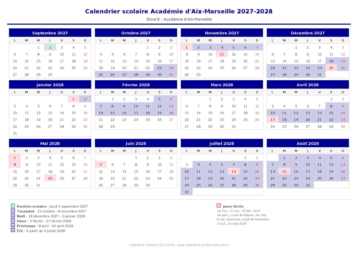 Aperçu du calendrier scolaire Académie de Aix-Marseille 2027-2028