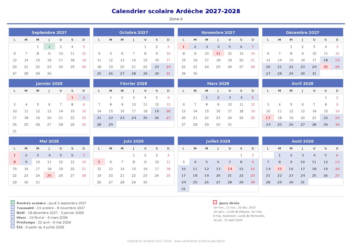 Aperçu du calendrier scolaire Ardèche 2027-2028