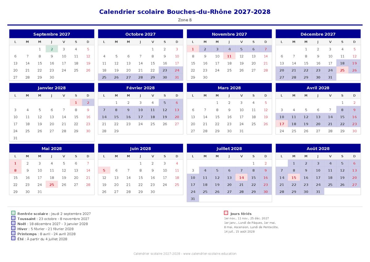 Aperçu du calendrier scolaire Bouches-du-Rhône 2027-2028