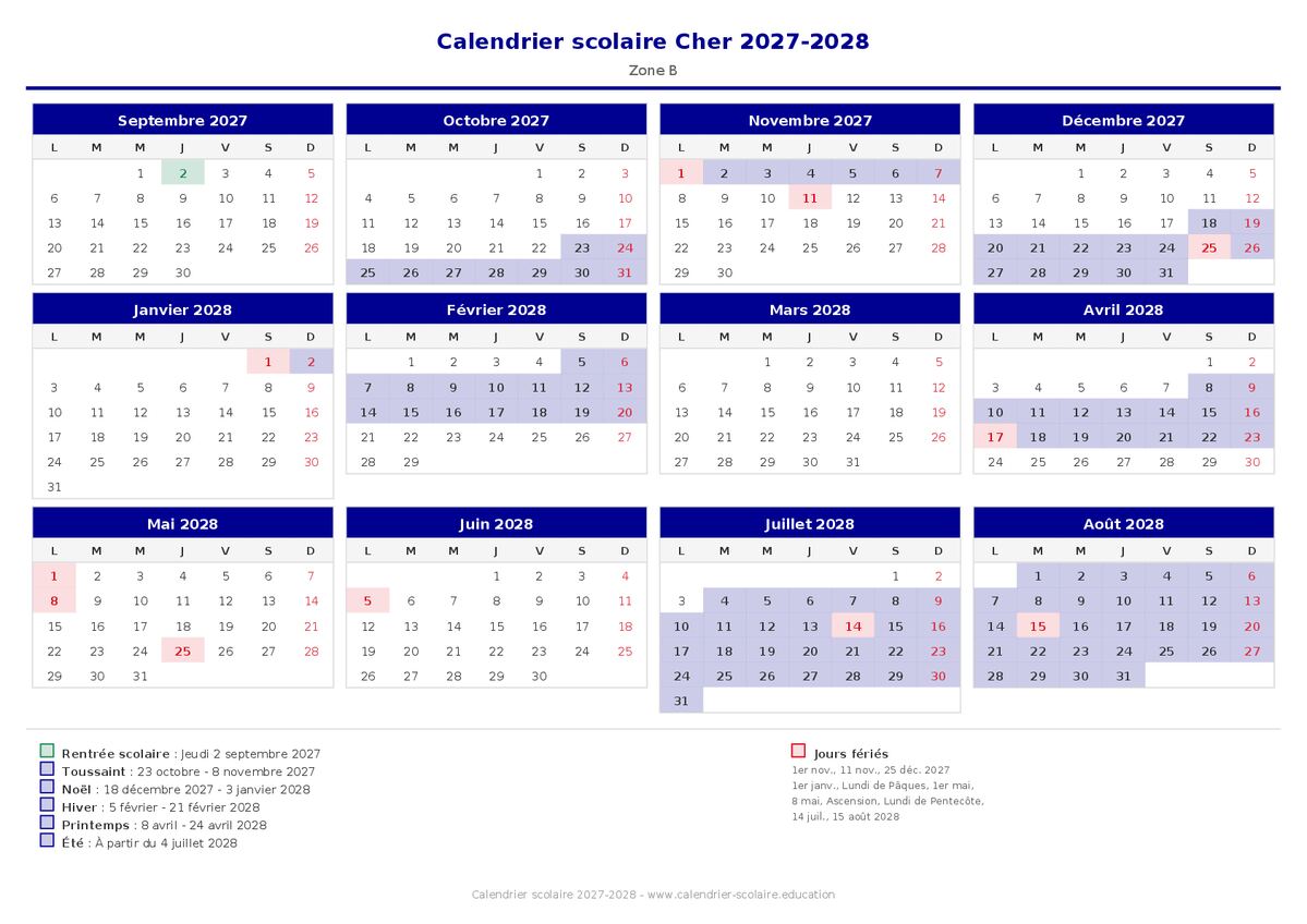 Aperçu du calendrier scolaire Cher 2027-2028