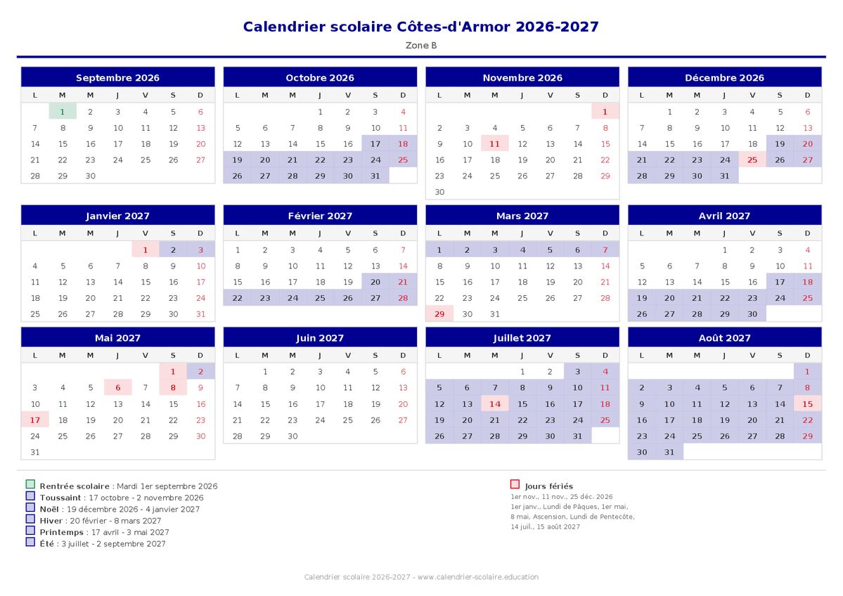 Aperçu du calendrier scolaire Côtes-d'Armor 2026-2027