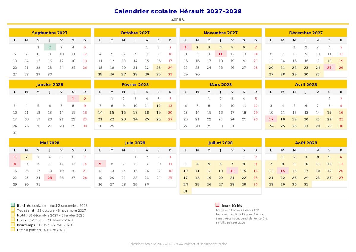 Aperçu du calendrier scolaire Hérault 2027-2028