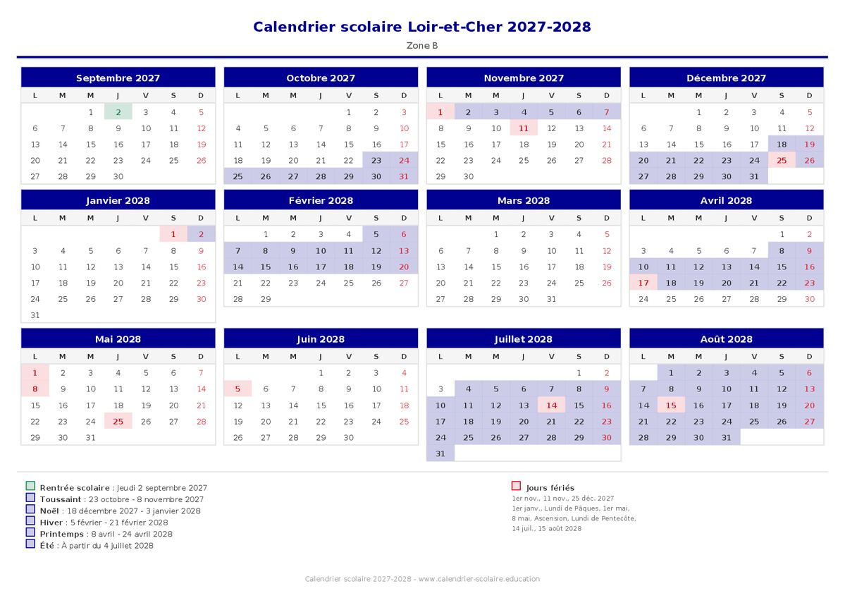 Aperçu du calendrier scolaire Loir-et-Cher 2027-2028
