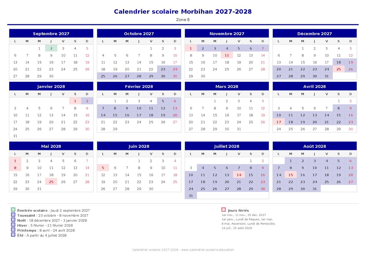 Aperçu du calendrier scolaire Morbihan 2027-2028