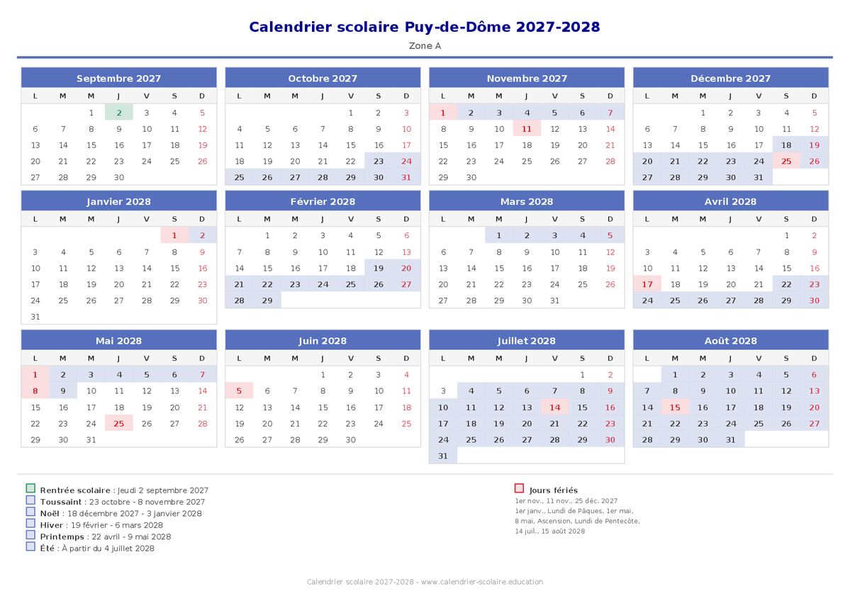 Aperçu du calendrier scolaire Puy-de-Dôme 2027-2028