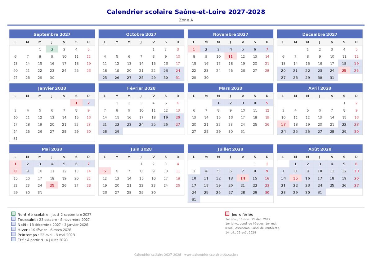 Aperçu du calendrier scolaire Saône-et-Loire 2027-2028