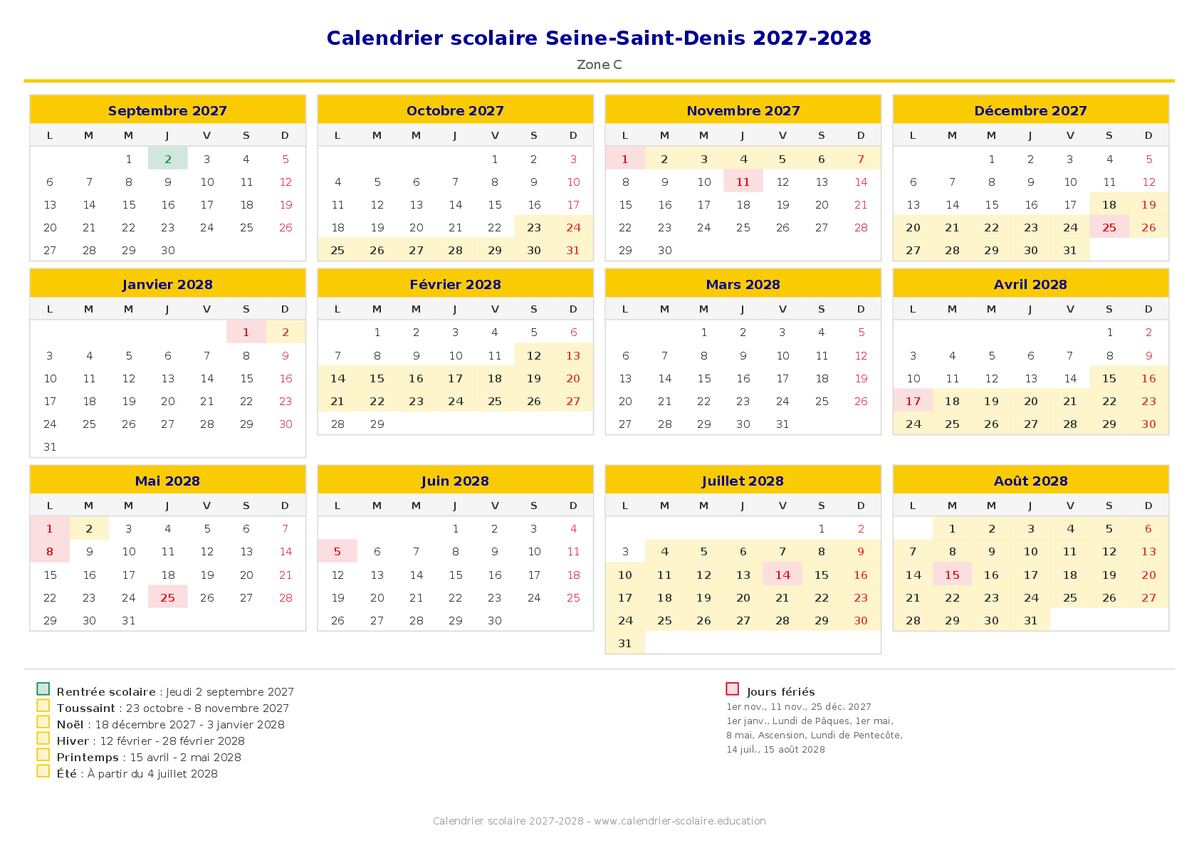 Aperçu du calendrier scolaire Seine-Saint-Denis 2027-2028