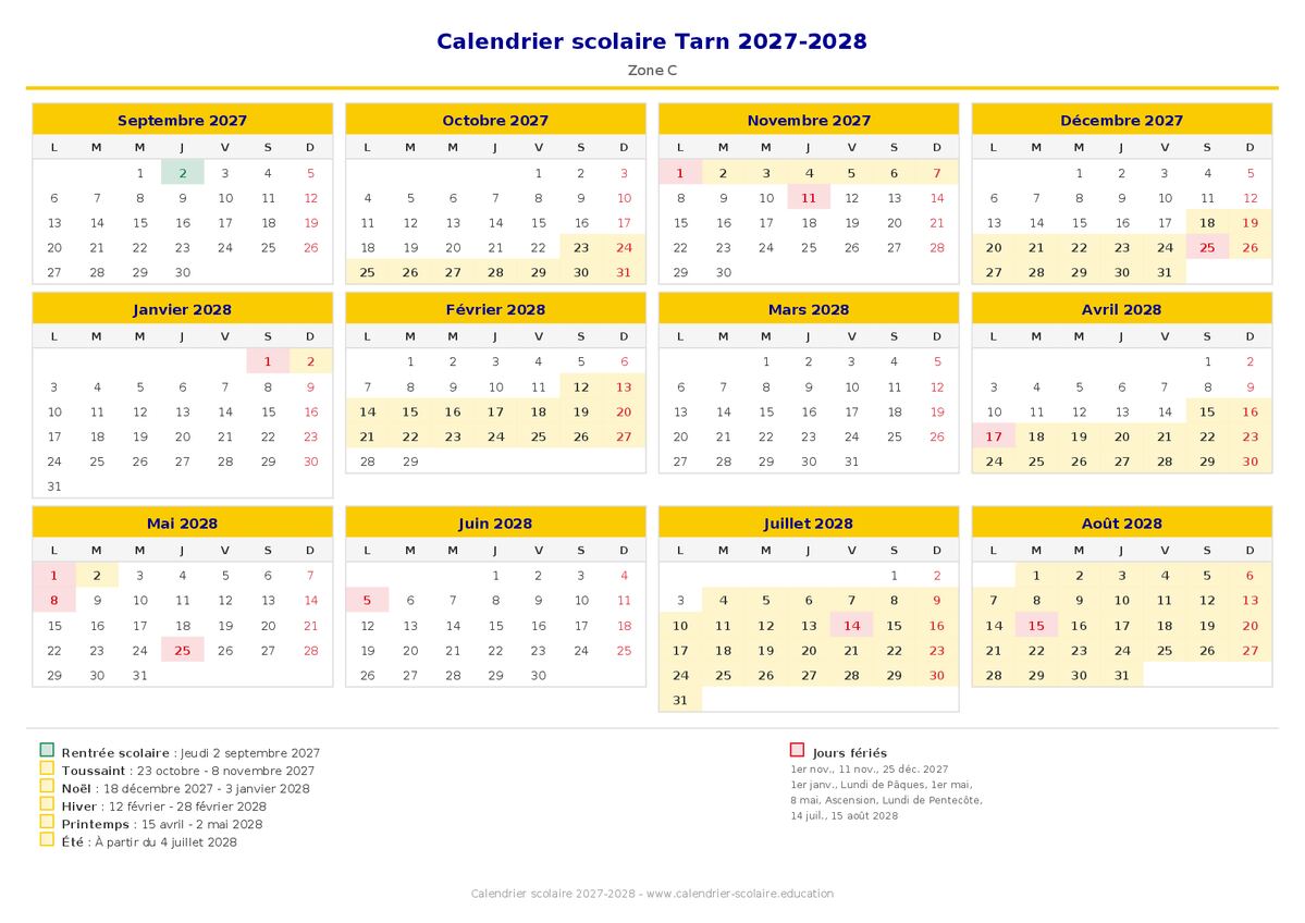 Aperçu du calendrier scolaire Tarn 2027-2028