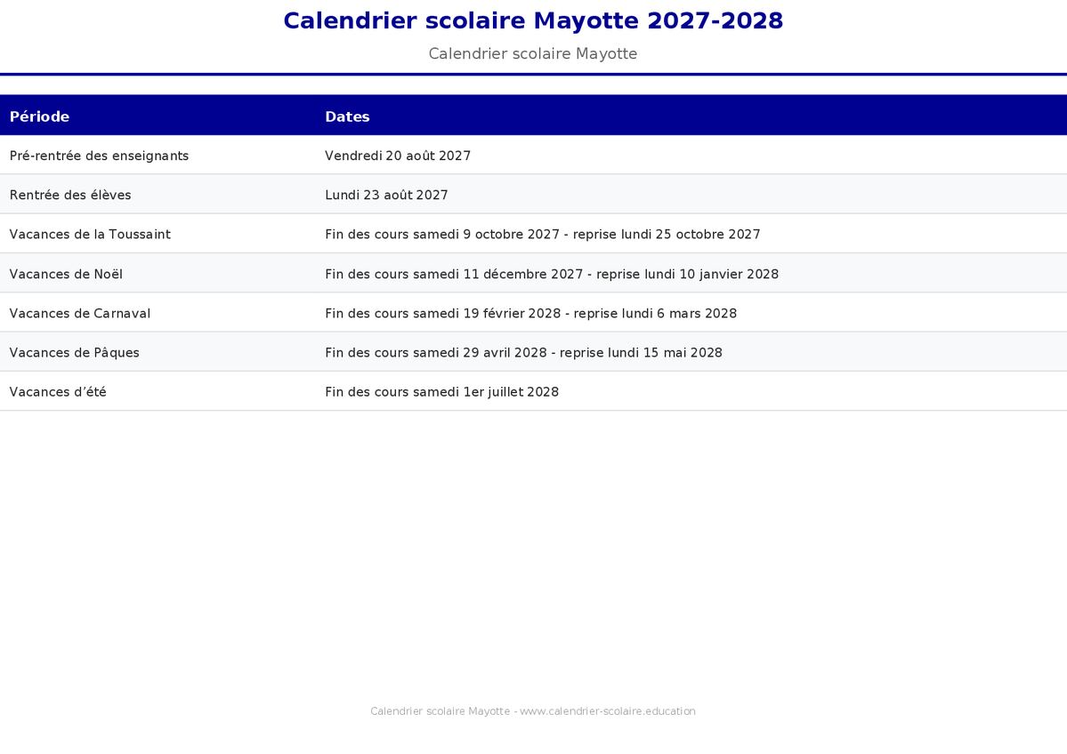 Aperçu du calendrier scolaire Mayotte 2027-2028