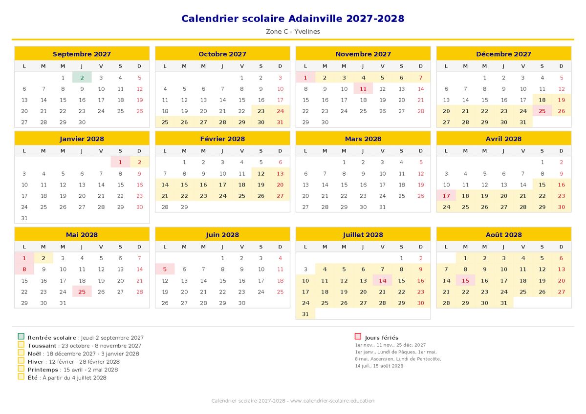 Aperçu du calendrier scolaire Adainville 2027-2028