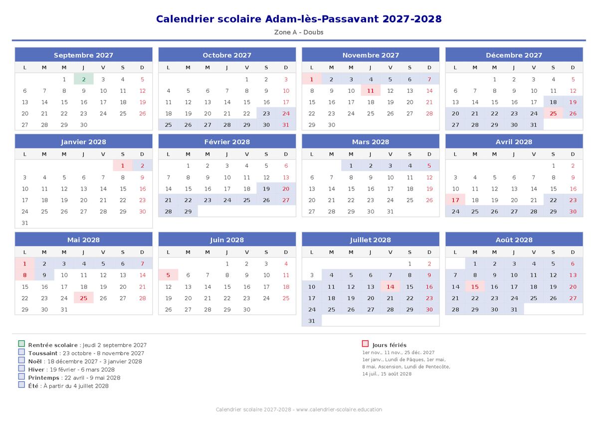 Aperçu du calendrier scolaire Adam-lès-Passavant 2027-2028