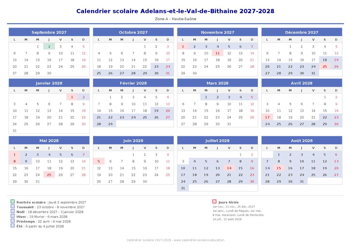Aperçu du calendrier scolaire Adelans-et-le-Val-de-Bithaine 2027-2028