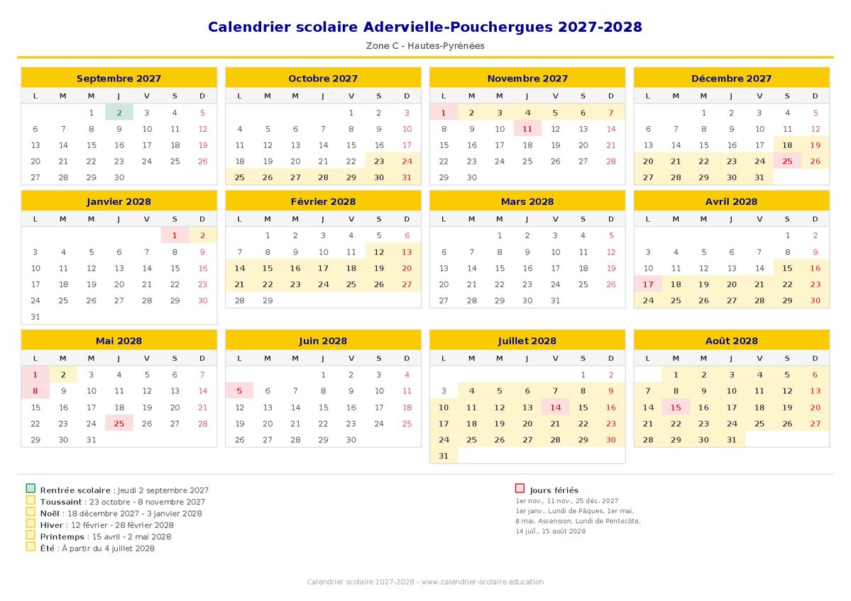 Aperçu du calendrier scolaire Adervielle-Pouchergues 2027-2028