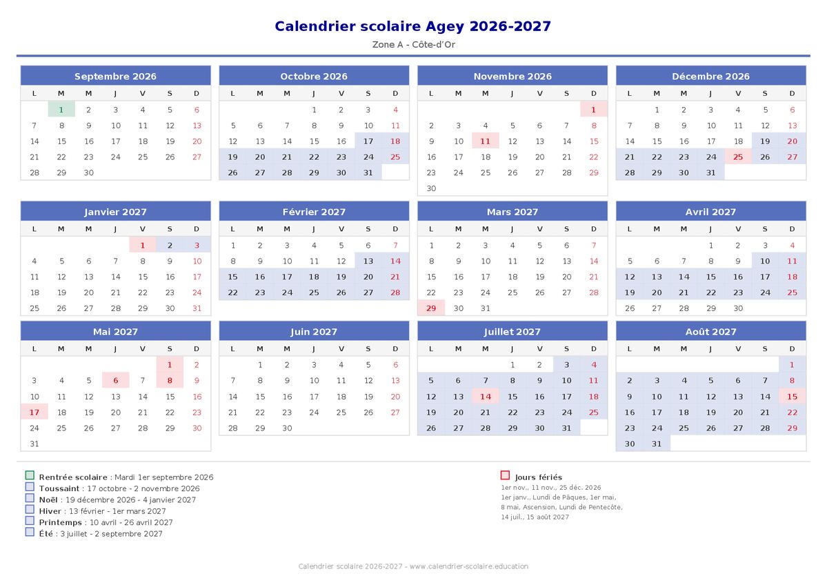 Aperçu du calendrier scolaire Agey 2026-2027