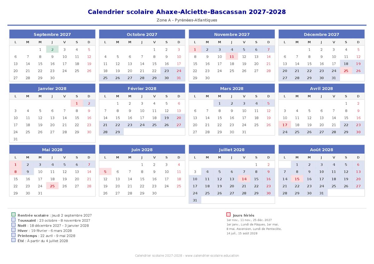 Aperçu du calendrier scolaire Ahaxe-Alciette-Bascassan 2027-2028