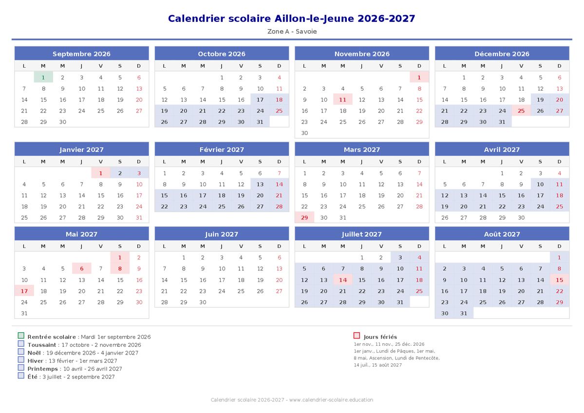 Aperçu du calendrier scolaire Aillon-le-Jeune 2026-2027