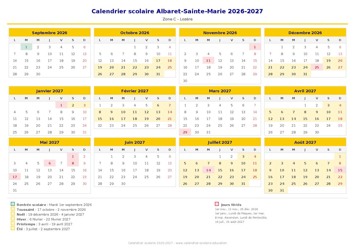 Aperçu du calendrier scolaire Albaret-Sainte-Marie 2026-2027