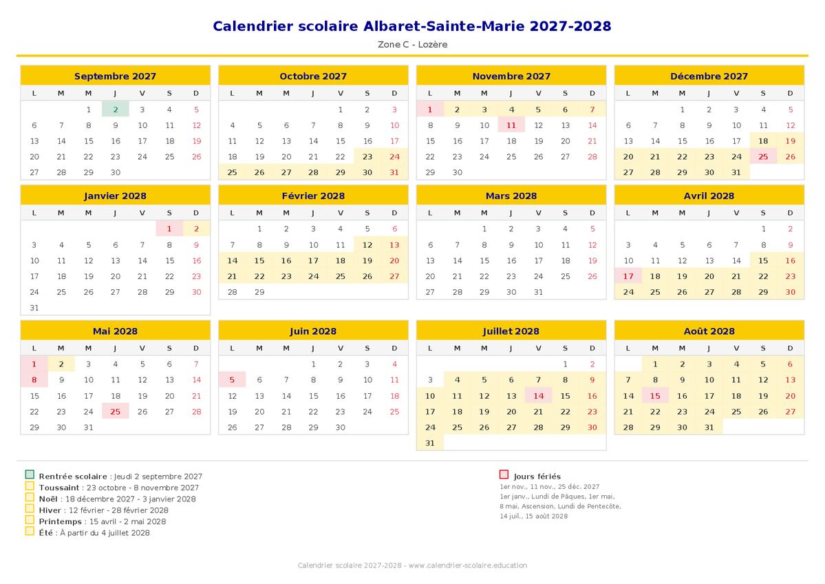 Aperçu du calendrier scolaire Albaret-Sainte-Marie 2027-2028