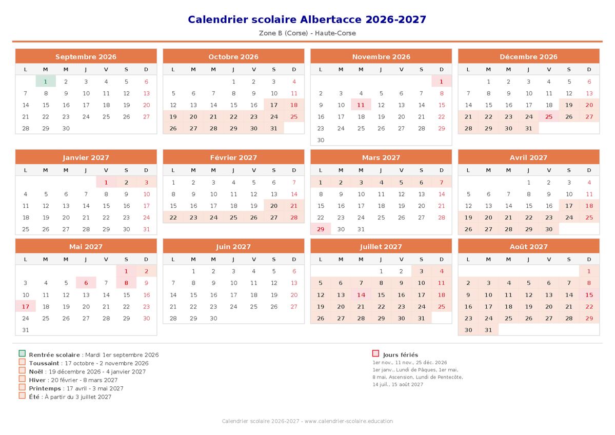 Aperçu du calendrier scolaire Albertacce 2026-2027