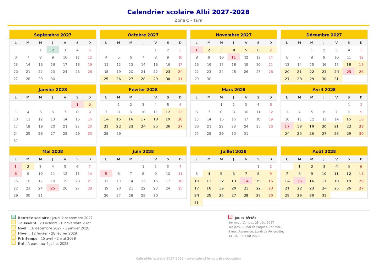 Aperçu du calendrier scolaire Albi 2027-2028