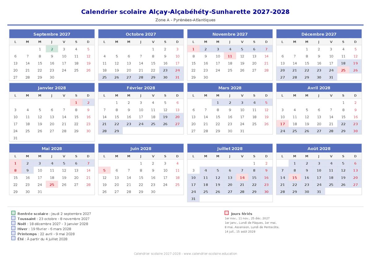 Aperçu du calendrier scolaire Alçay-Alçabéhéty-Sunharette 2027-2028
