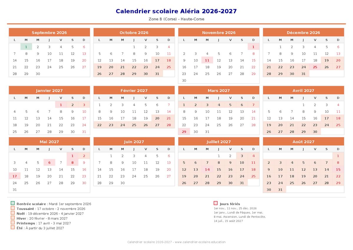 Aperçu du calendrier scolaire Aléria 2026-2027
