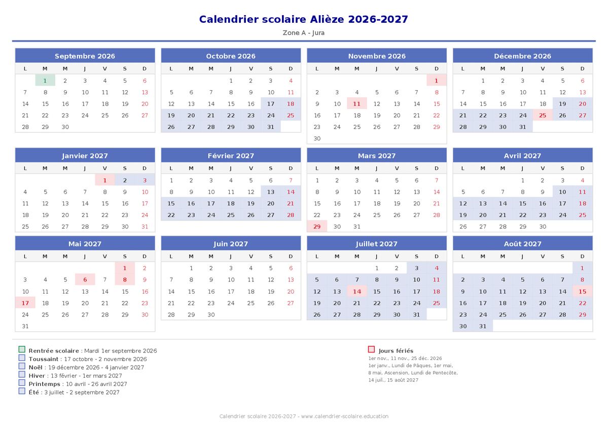 Aperçu du calendrier scolaire Alièze 2026-2027