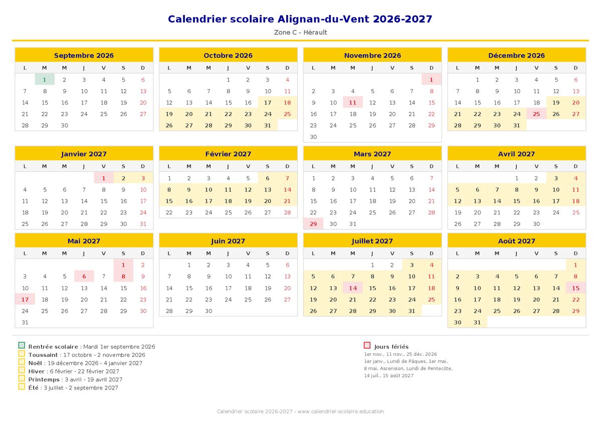 Aperçu du calendrier scolaire Alignan-du-Vent 2026-2027