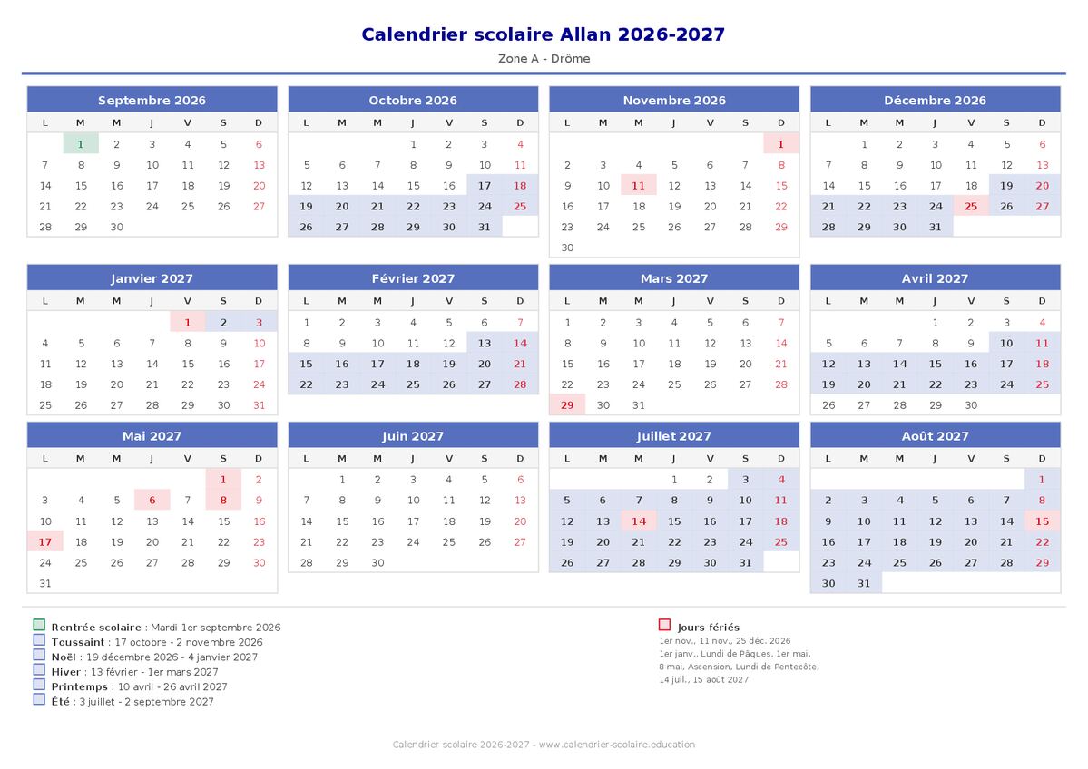 Aperçu du calendrier scolaire Allan 2026-2027