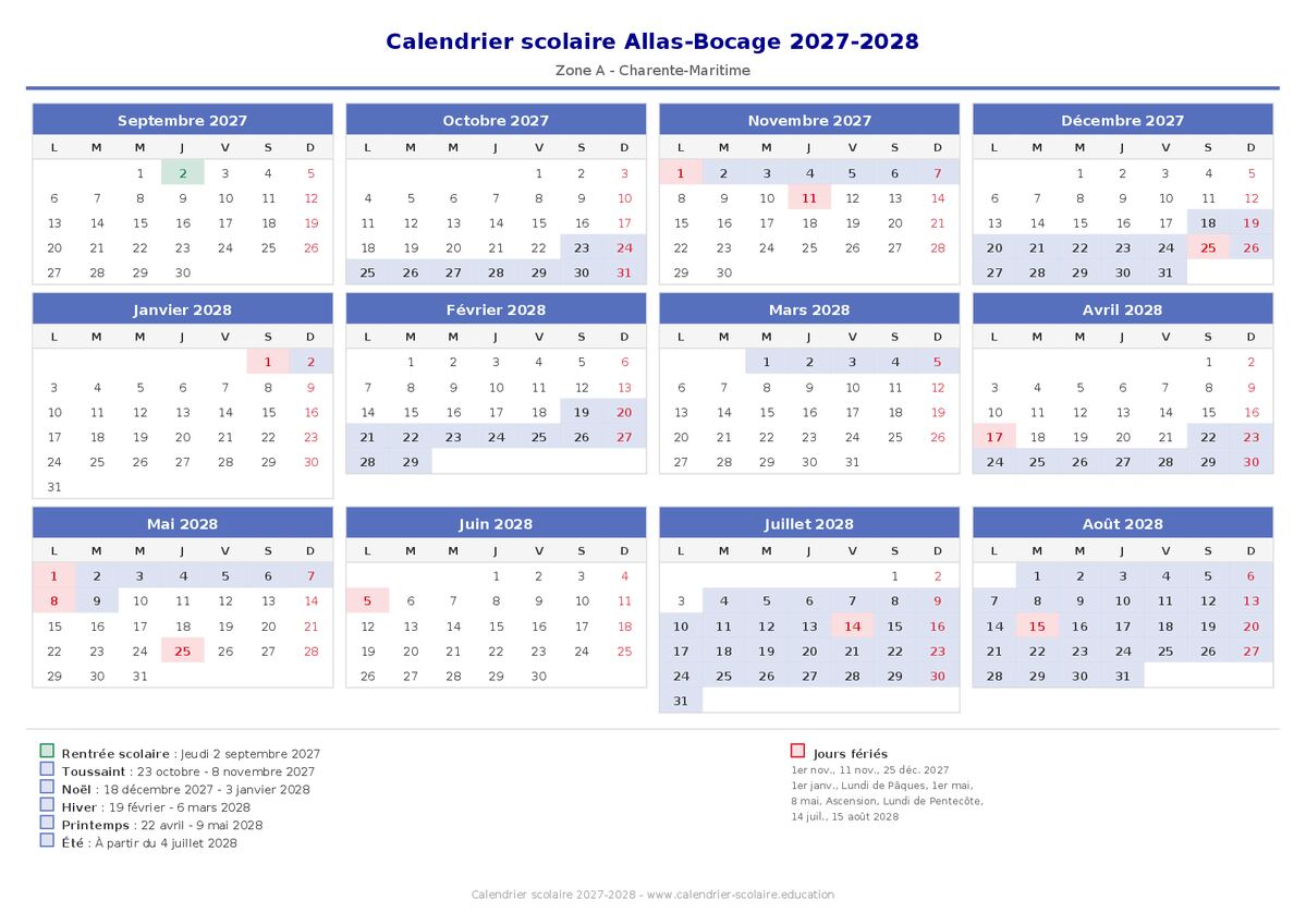 Aperçu du calendrier scolaire Allas-Bocage 2027-2028