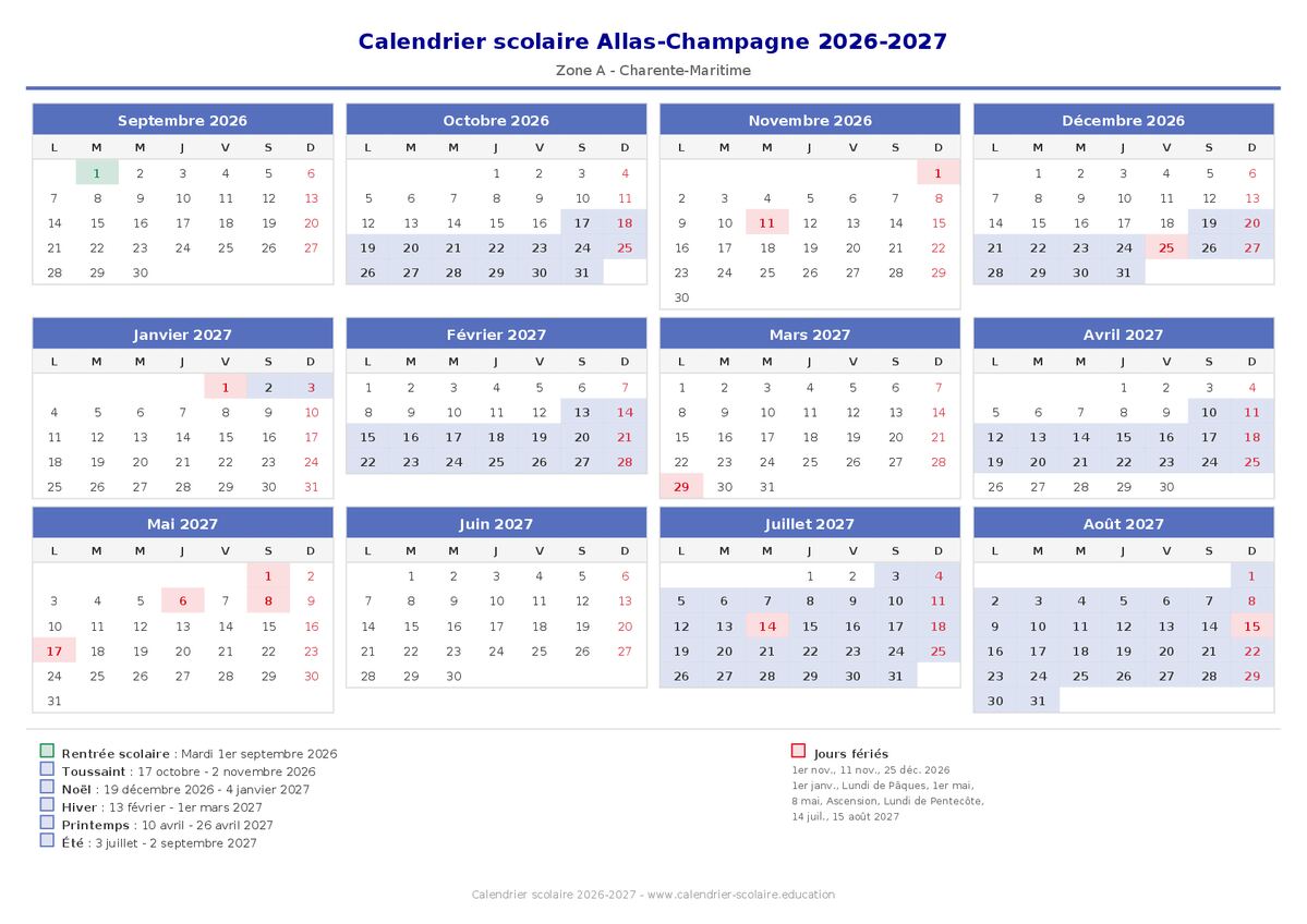 Aperçu du calendrier scolaire Allas-Champagne 2026-2027