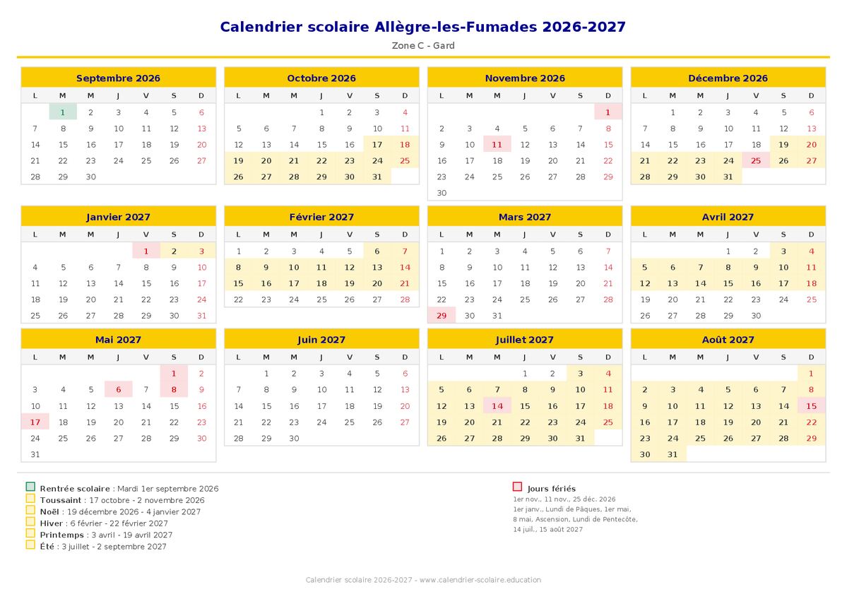 Aperçu du calendrier scolaire Allègre-les-Fumades 2026-2027