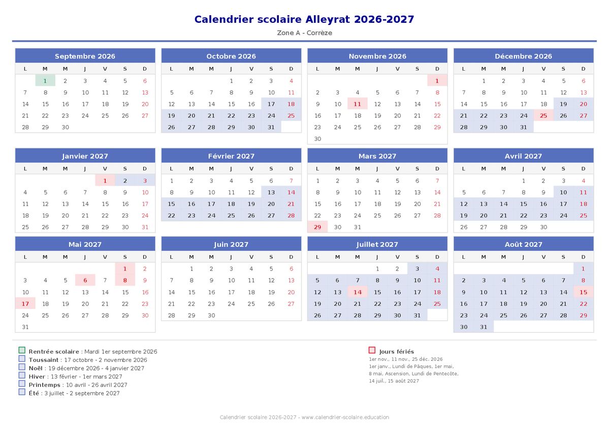Aperçu du calendrier scolaire Alleyrat 2026-2027