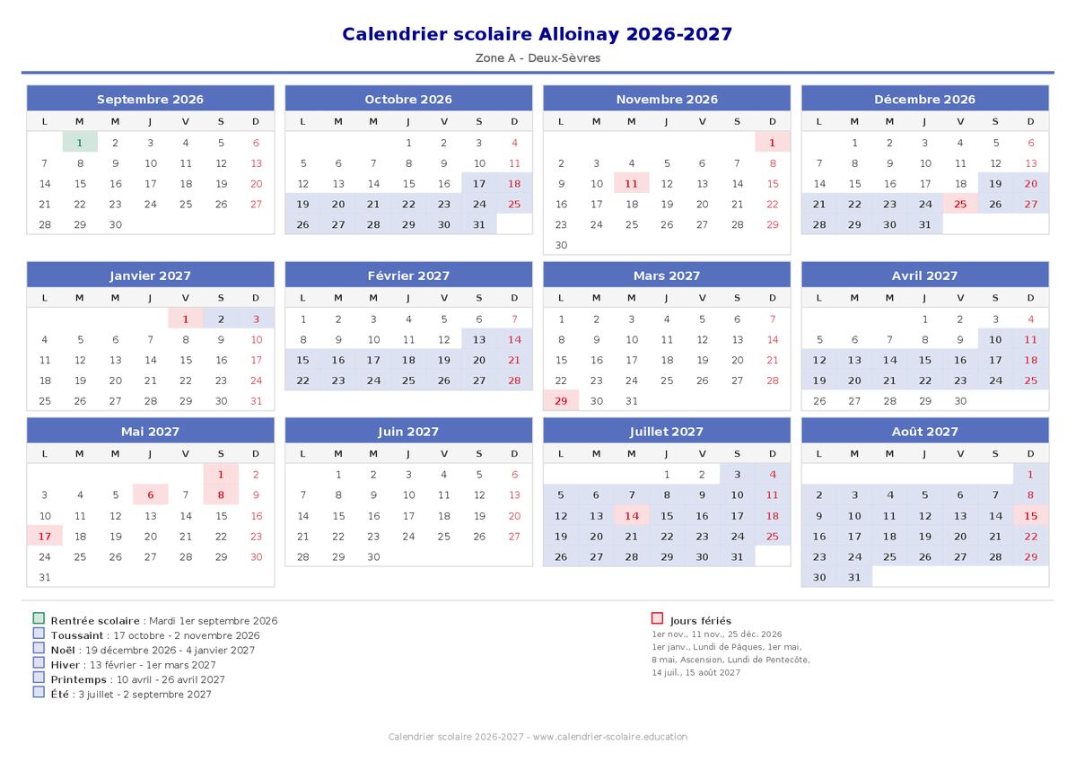 Aperçu du calendrier scolaire Alloinay 2026-2027