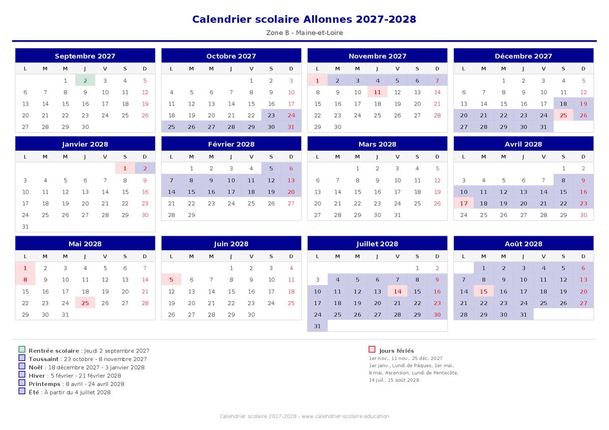 Aperçu du calendrier scolaire Allonnes 2027-2028