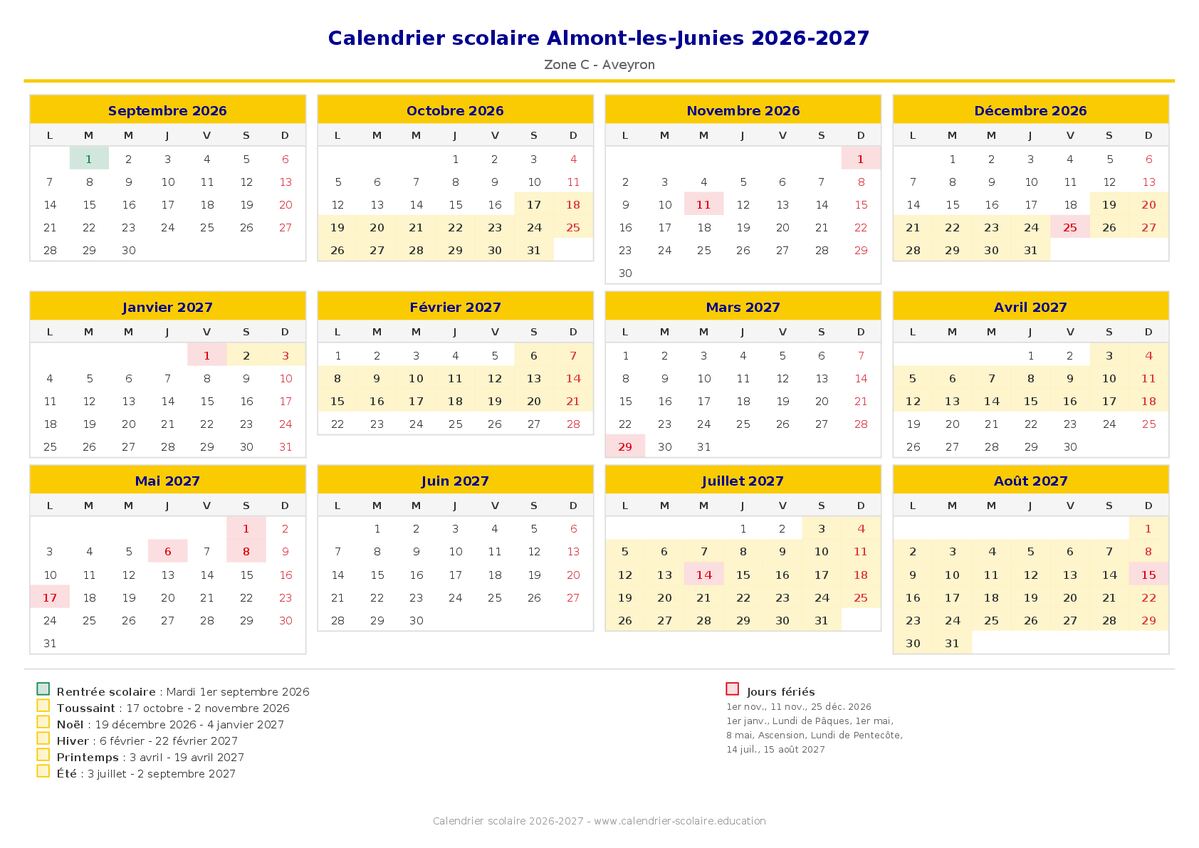 Aperçu du calendrier scolaire Almont-les-Junies 2026-2027