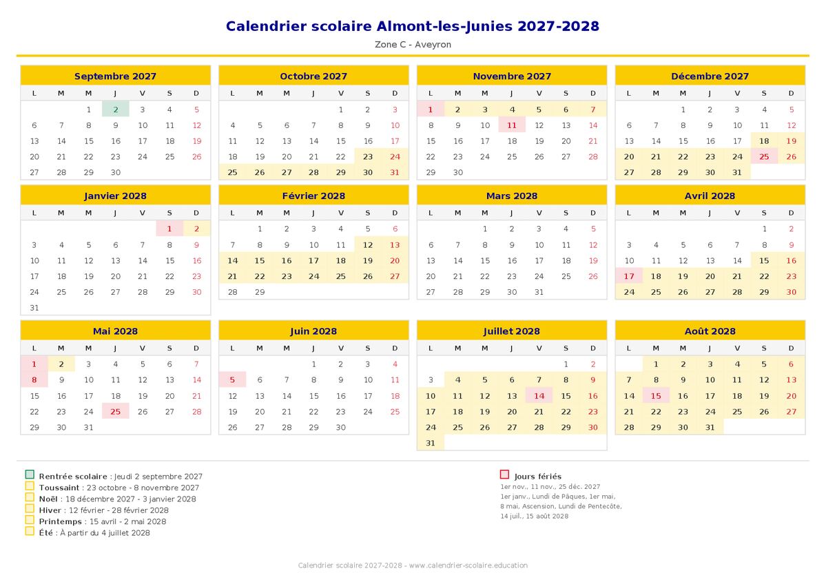 Aperçu du calendrier scolaire Almont-les-Junies 2027-2028