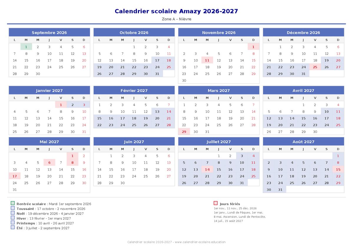 Aperçu du calendrier scolaire Amazy 2026-2027