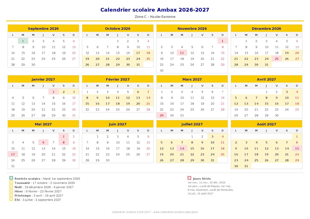 Aperçu du calendrier scolaire Ambax 2026-2027
