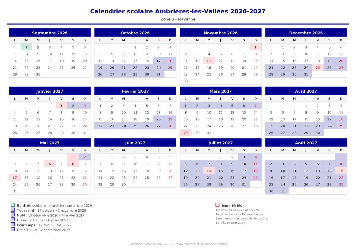 Aperçu du calendrier scolaire Ambrières-les-Vallées 2026-2027