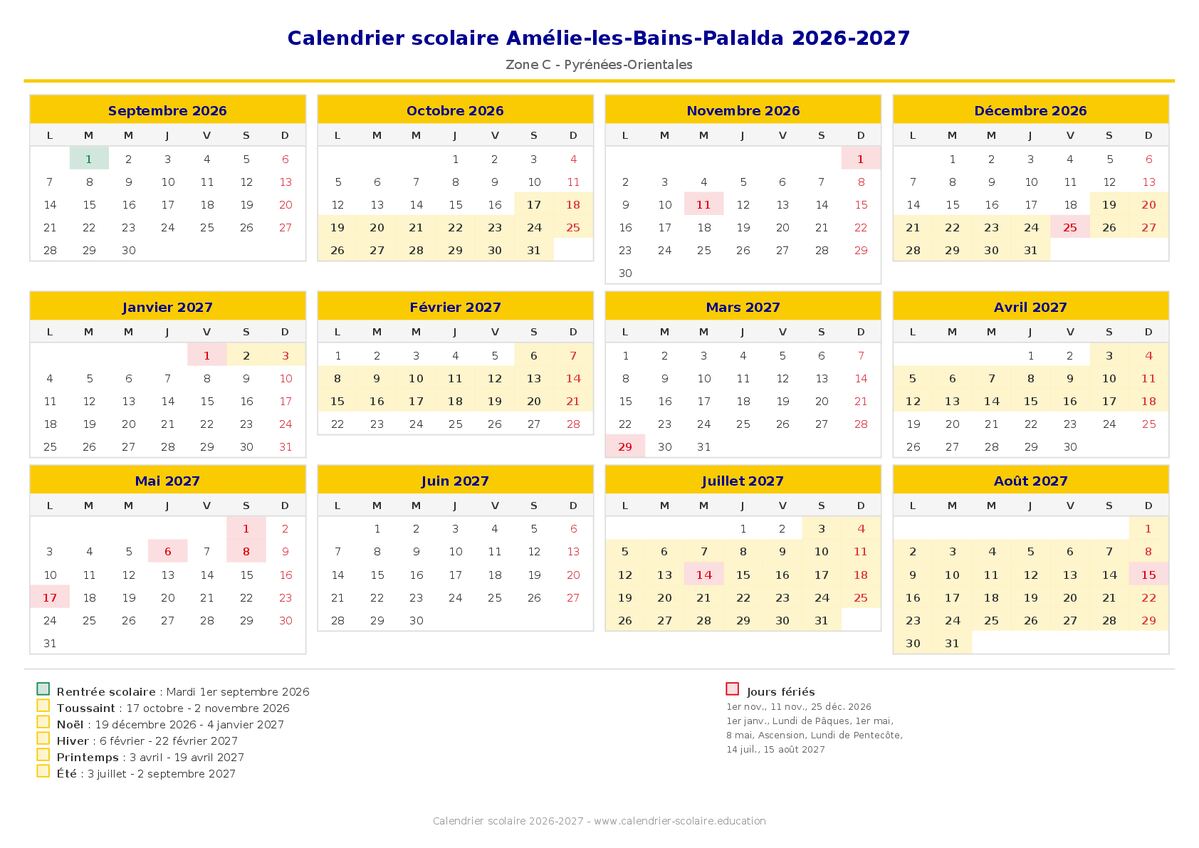 Aperçu du calendrier scolaire Amélie-les-Bains-Palalda 2026-2027