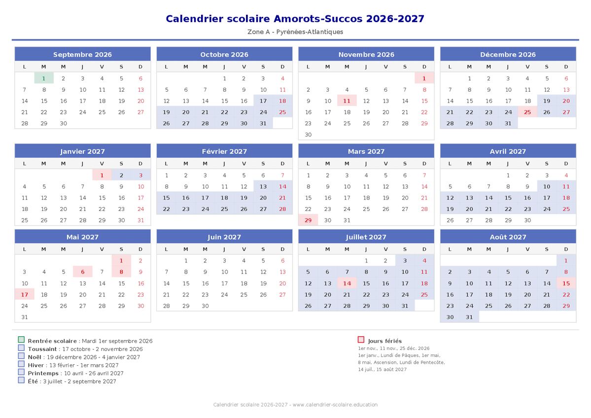 Aperçu du calendrier scolaire Amorots-Succos 2026-2027