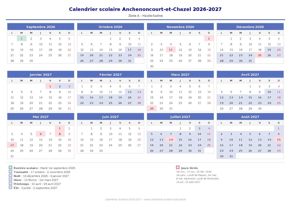 Aperçu du calendrier scolaire Anchenoncourt-et-Chazel 2026-2027