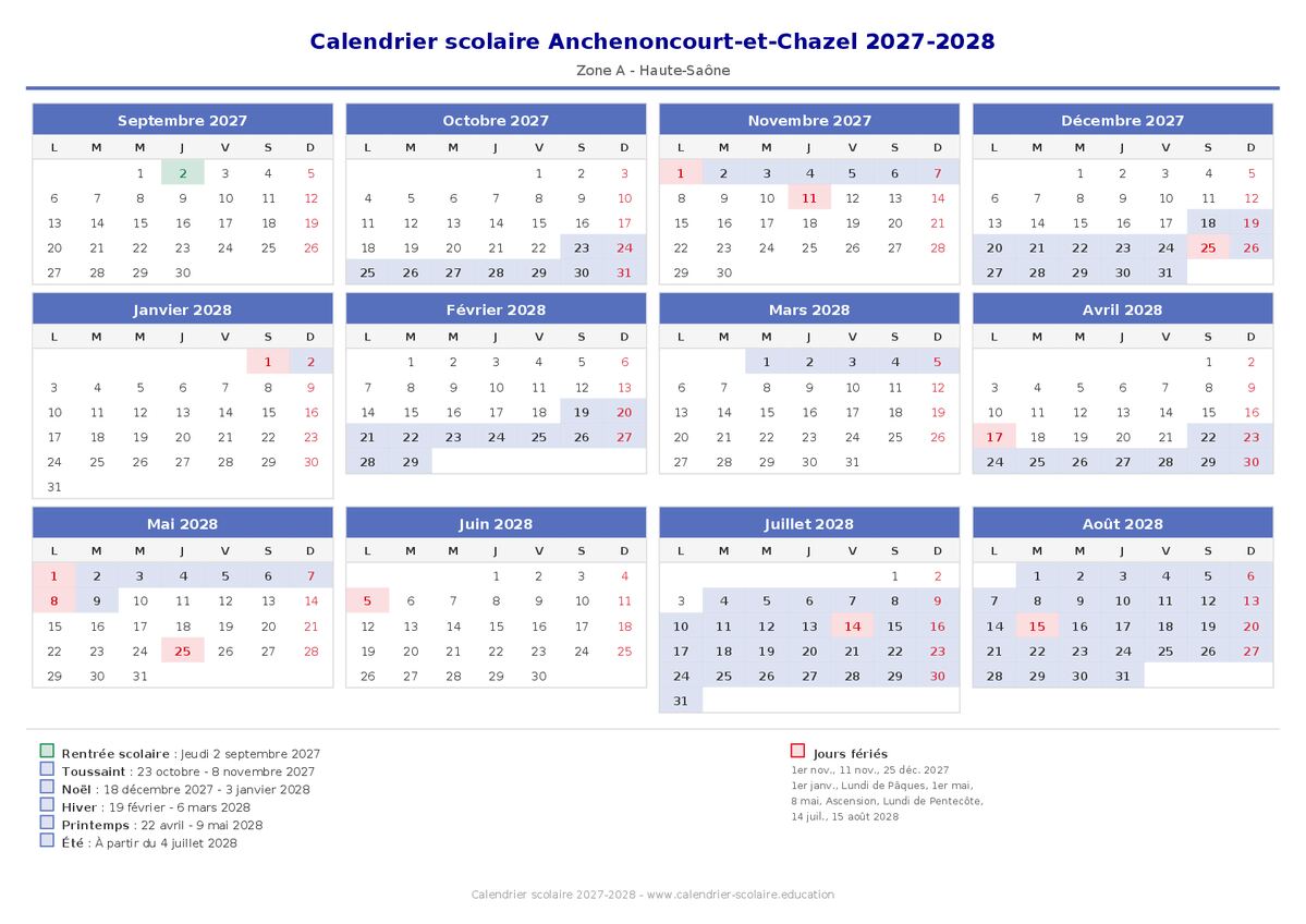 Aperçu du calendrier scolaire Anchenoncourt-et-Chazel 2027-2028