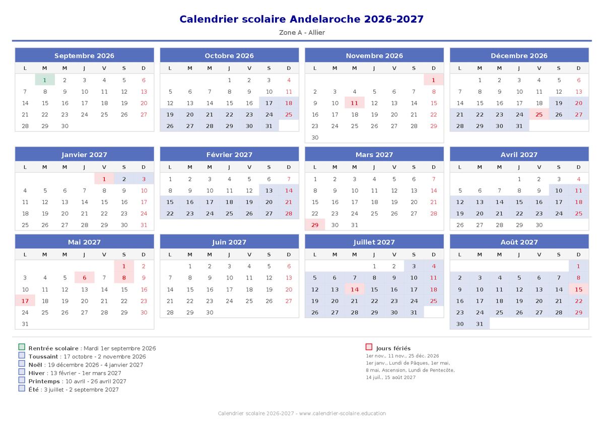Aperçu du calendrier scolaire Andelaroche 2026-2027