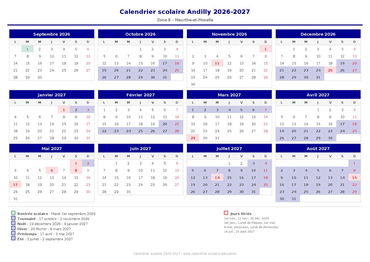 Aperçu du calendrier scolaire Andilly 2026-2027
