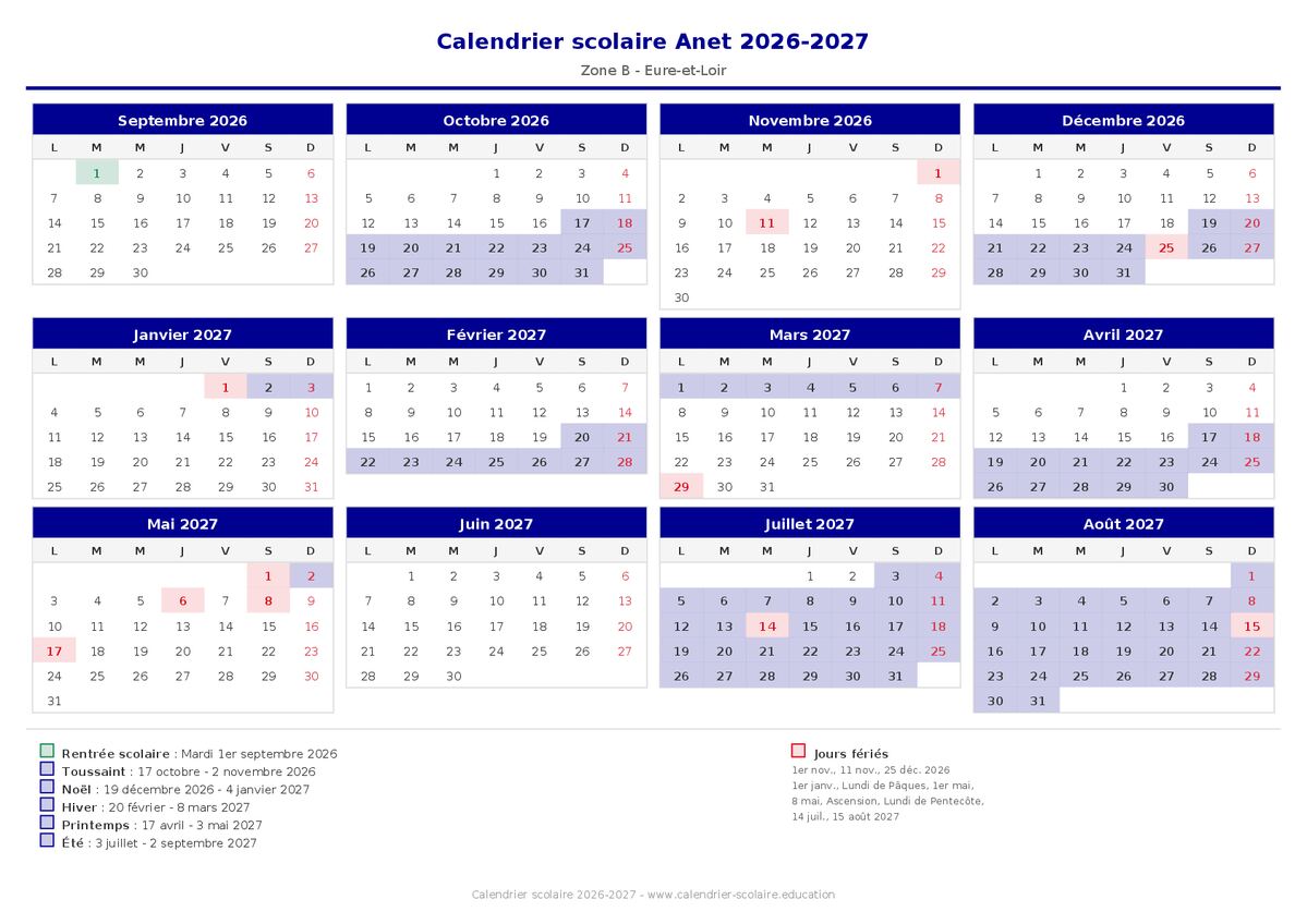 Aperçu du calendrier scolaire Anet 2026-2027