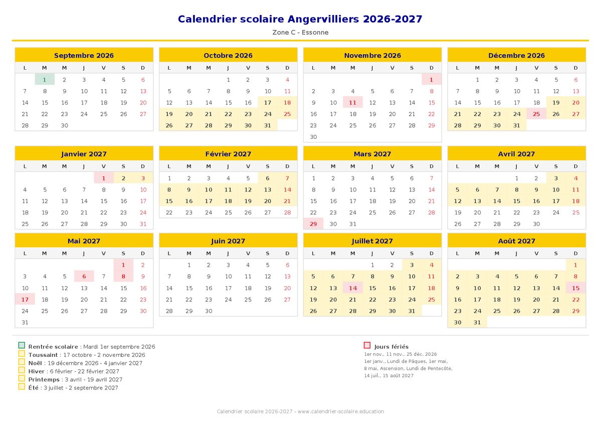 Aperçu du calendrier scolaire Angervilliers 2026-2027