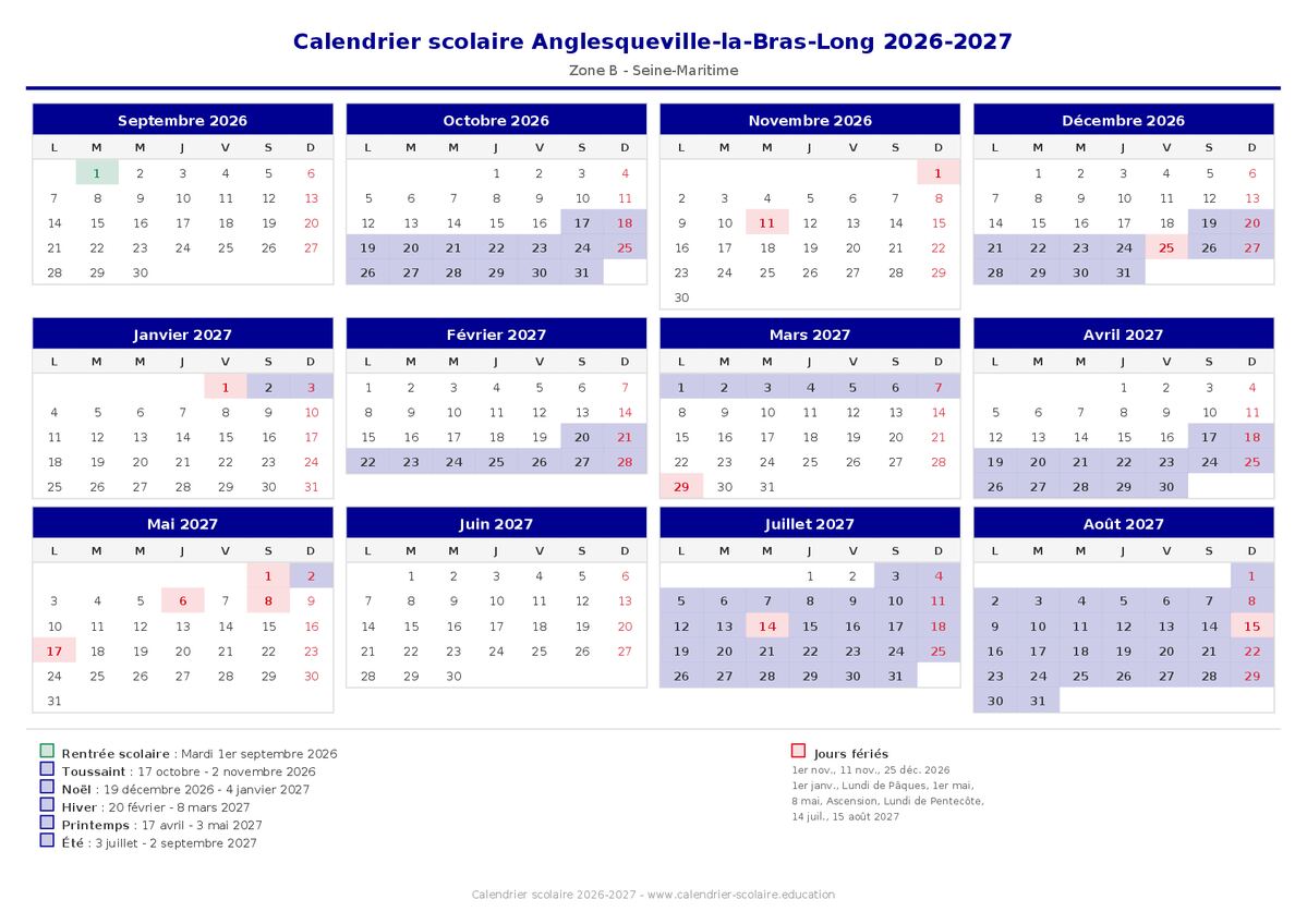 Aperçu du calendrier scolaire Anglesqueville-la-Bras-Long 2026-2027