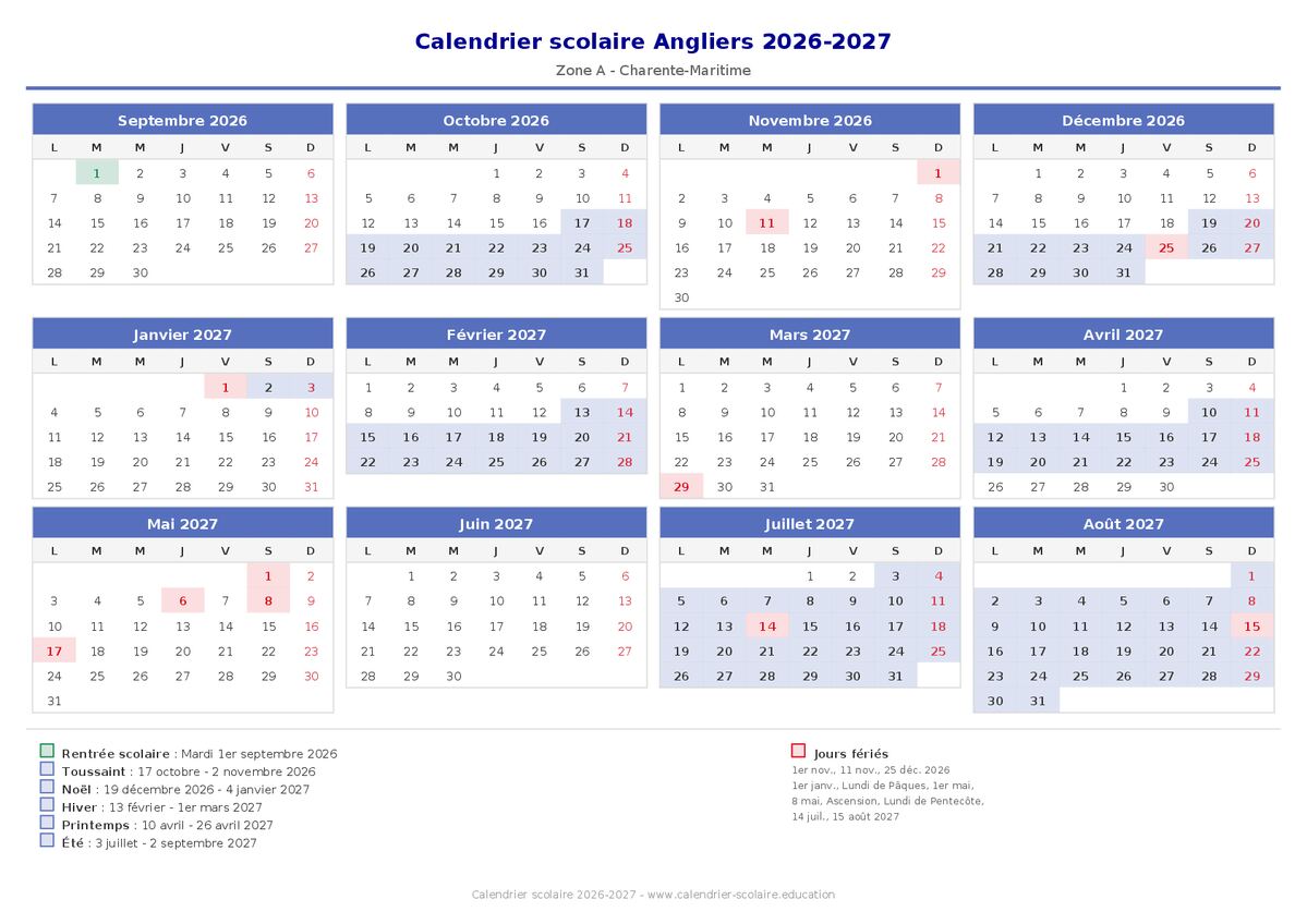 Aperçu du calendrier scolaire Angliers 2026-2027